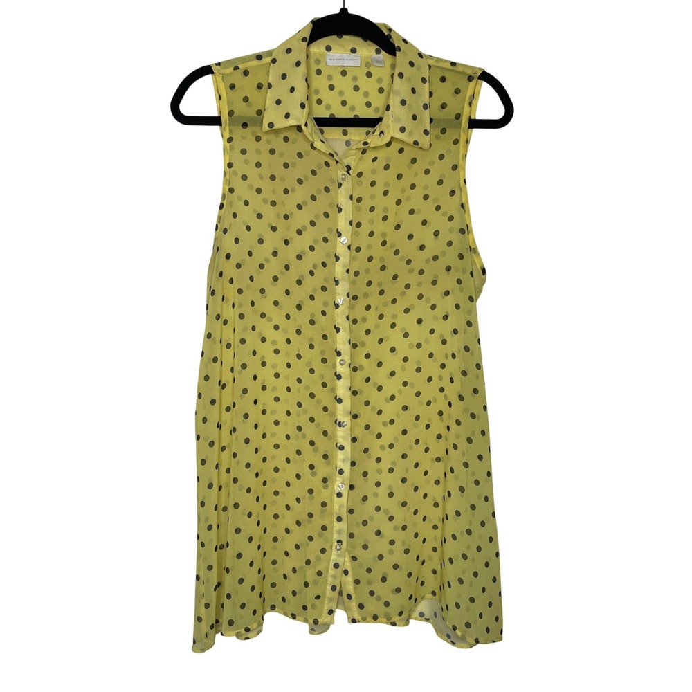 New York‎ & Company Sleeveless Top Womens L Yellow Polka Dot Sheer Button Up
